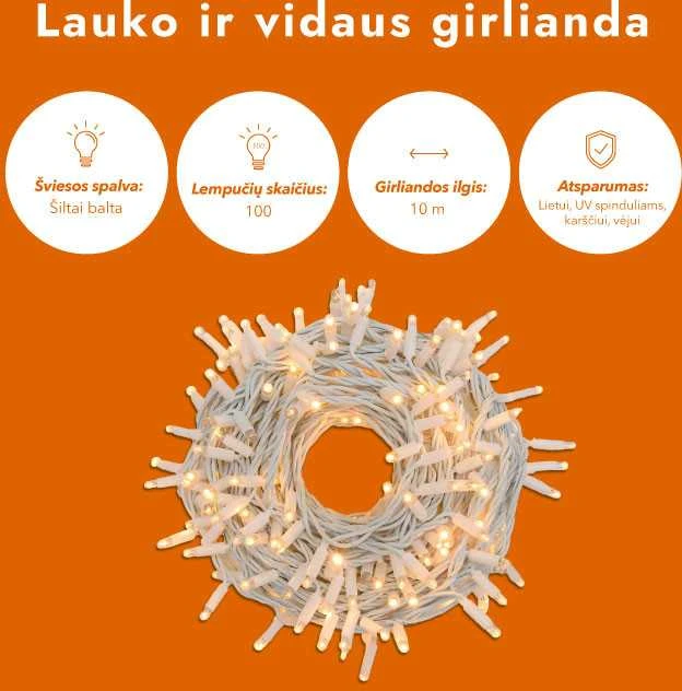 Lauko ir vidaus girlianda (LED lemputės) 10 m PROLED balta