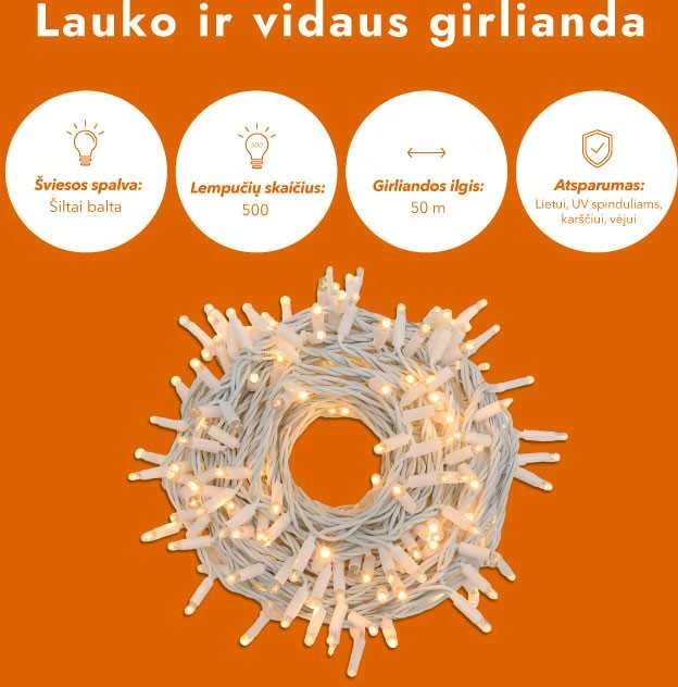 Lauko ir vidaus girlianda (LED lemputės) 50 m PROLED balta