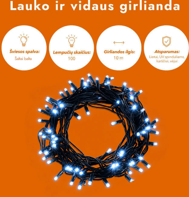 Lauko ir vidaus girlianda (šaltai baltos LED lemputės) 10 m PROLED juoda