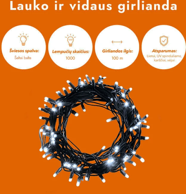Lauko ir vidaus girlianda (šaltai baltos LED lemputės) 100 m PROLED juoda