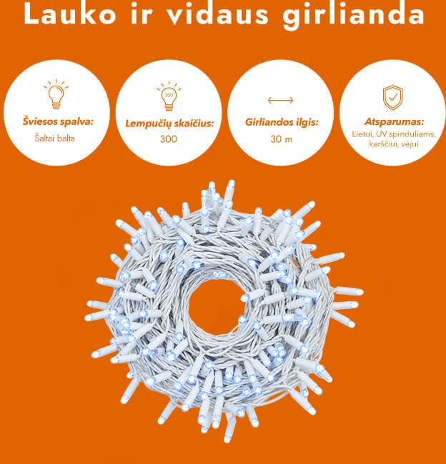 Lauko ir vidaus girlianda (šaltai baltos LED lemputės) 30 m PROLED balta