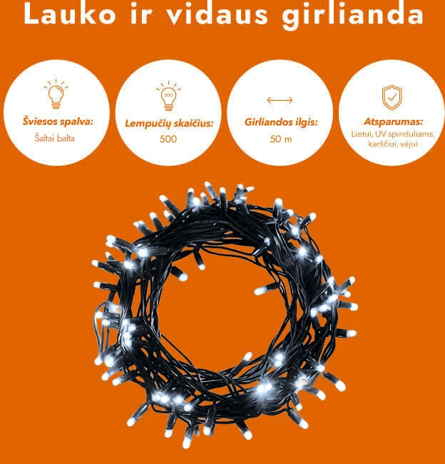 Lauko ir vidaus girlianda (šaltai baltos LED lemputės) 50 m PROLED juoda