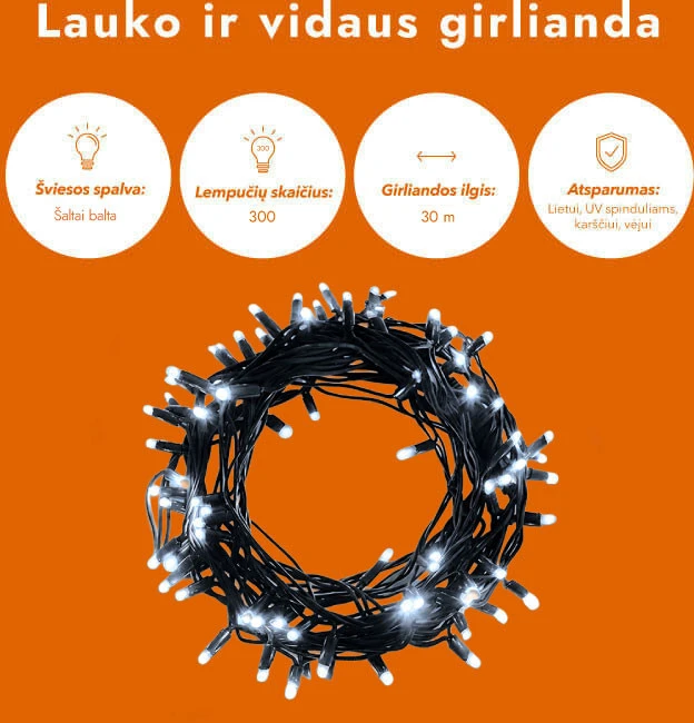Lauko ir vidaus girlianda (šaltai baltos LED lemputės) 30 m PROLED juoda