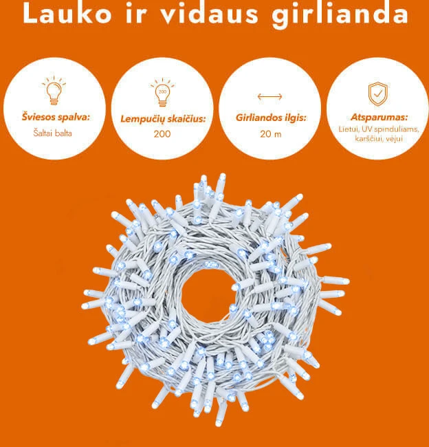Lauko ir vidaus girlianda (šaltai baltos LED lemputės) 20 m PROLED balta