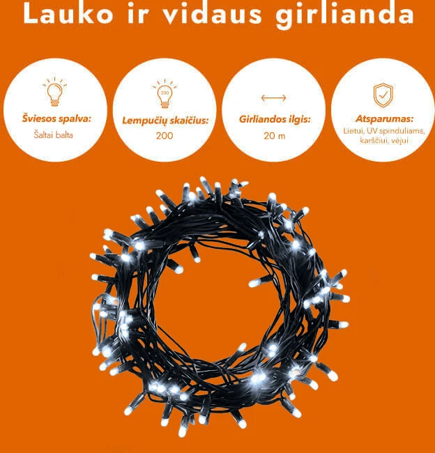 Lauko ir vidaus girlianda (šaltai baltos LED lemputės) 20 m PROLED juoda