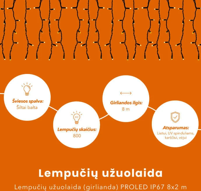 Lempučių užuolaida (girlianda) PROLED IP67 8x2 m