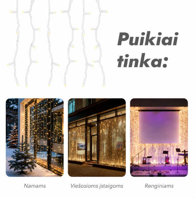 Lempučių užuolaida (šiltai baltos LED lemputės) PROLED IP67 2x2 m