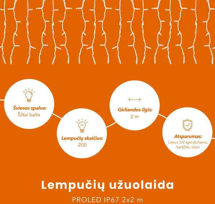 Lempučių užuolaida (šiltai baltos LED lemputės) PROLED IP67 2x2 m