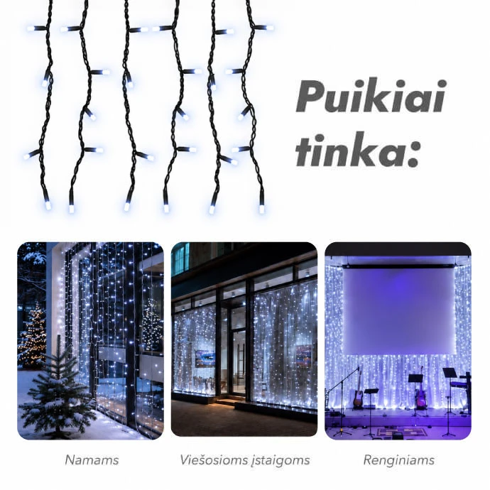 Lempučių užuolaida (šaltai baltos LED lemputės) PROLED IP67 14x2 m