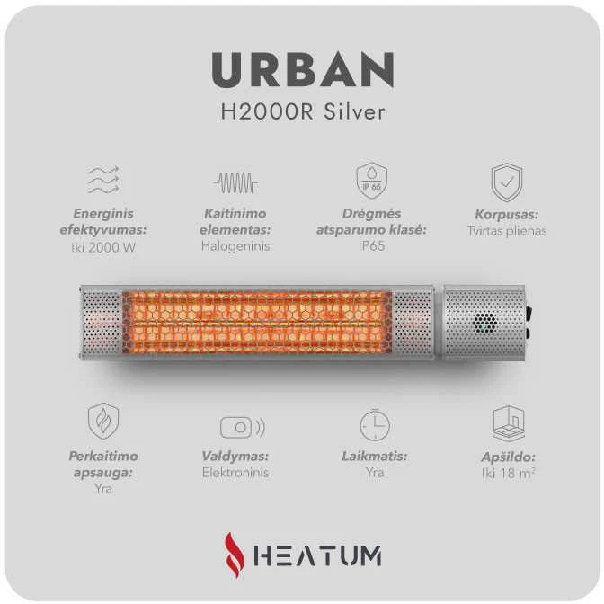Pastatomas Infraraudonųjų spindulių šildytuvas Heatum H2000R URBAN Sidabrinis su trikoju stovu