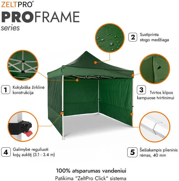 Prekybinė Palapinė 2x2 Žalia Zeltpro PROFRAME