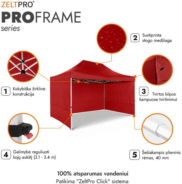 Prekybinė Palapinė 3x4,5 Raudona Zeltpro PROFRAME