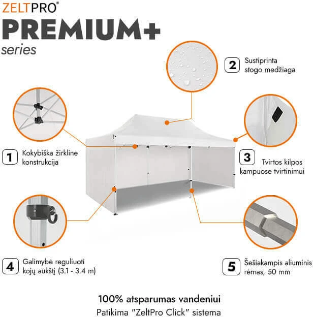 Prekybinė Palapinė 4x6 Balta Zeltpro PREMIUM+ su 4 sienomis, krepšiu