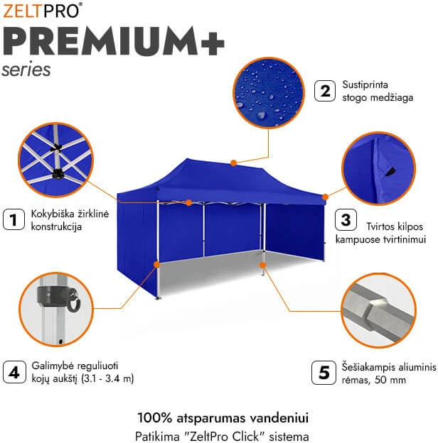 Prekybinė Palapinė 4x6 Mėlyna Zeltpro PREMIUM+ su 4 sienomis, krepšiu