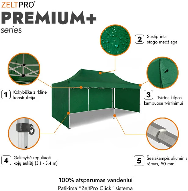 Prekybinė Palapinė 4x6 Žalia Zeltpro PREMIUM+ su 4 sienomis, krepšiu