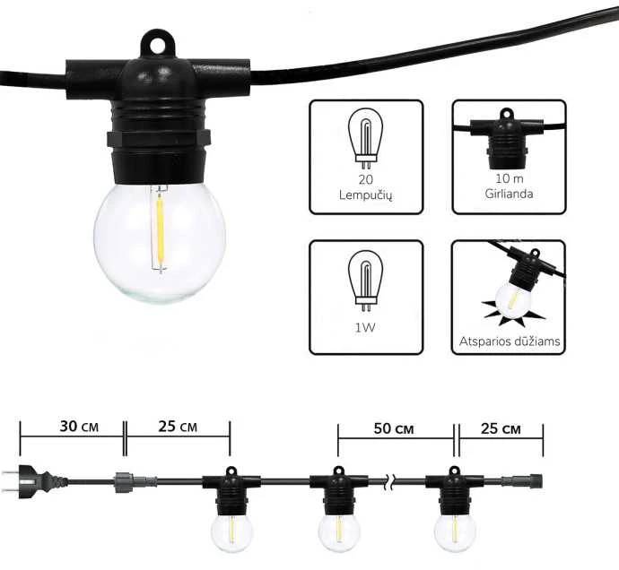 Tonro Lauko girlianda (LED lemputės) 50 m Glow juoda