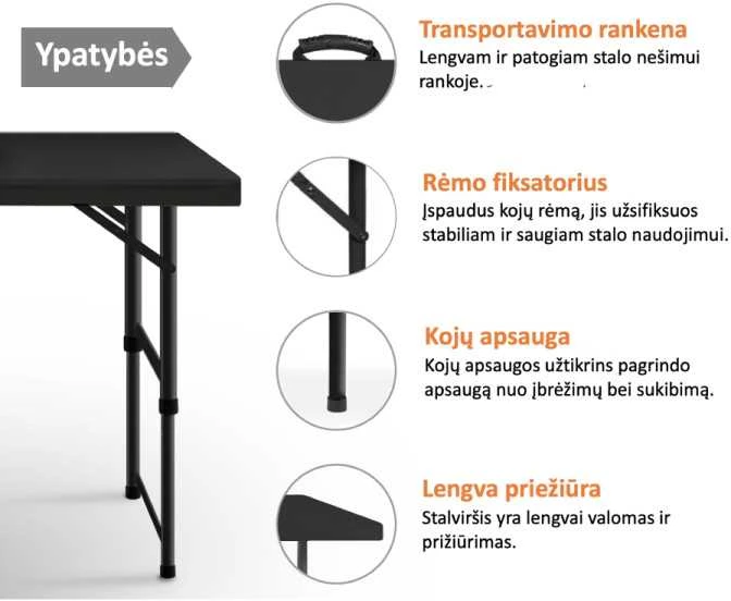 Tonro Sulankstomas stalas 120 cm Juodas