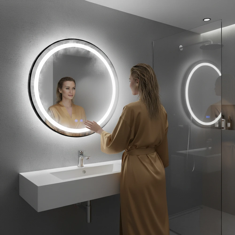 Apvalus juodas LED vonios veidrodis 80 cm su 3 šviesos spalvomis ModernHome