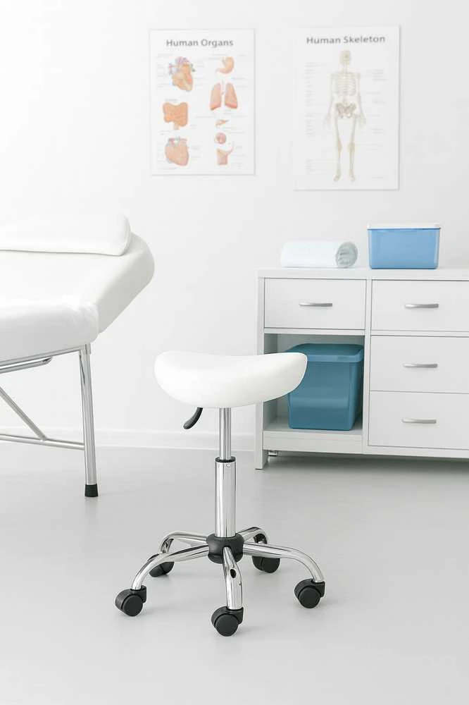 Pasukama kosmetinė–medicininė balnelio tipo kėdė, reguliuojamo aukščio, balta, ModernHome