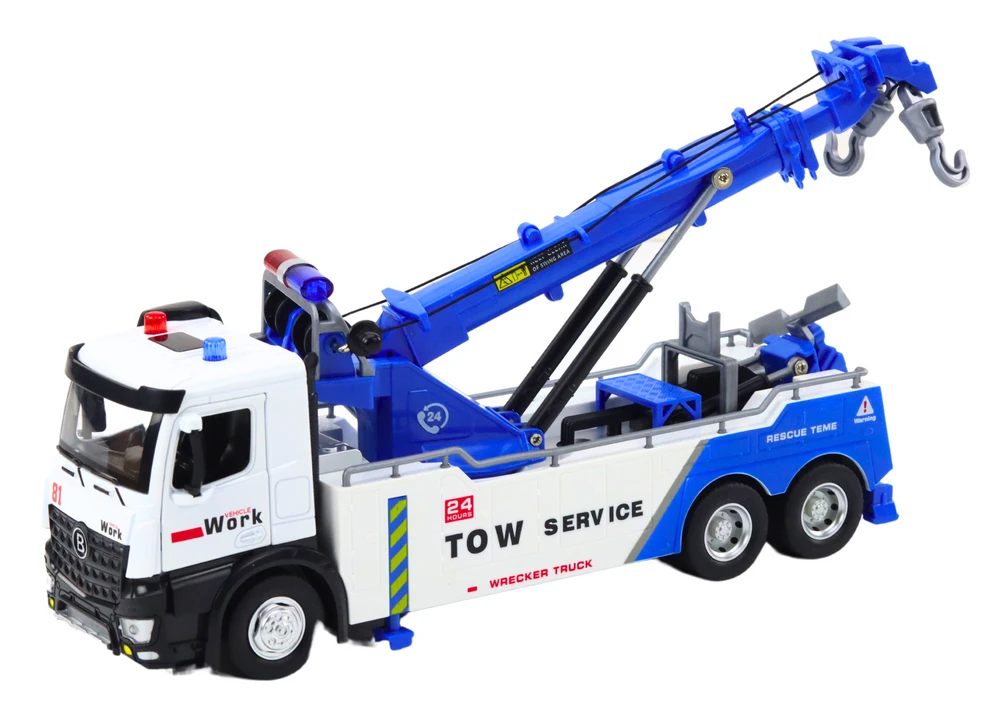 Lean Toys Baltas ir Mėlynas Sunkvežimis su Kranu ir Dviem Metaliniais Kabliais