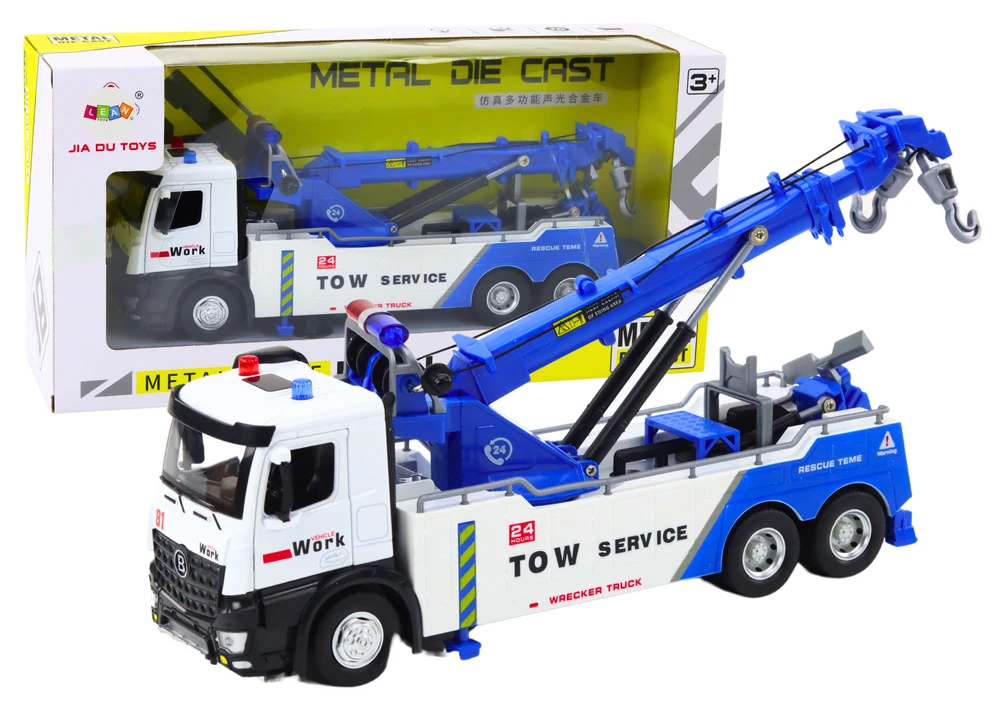Lean Toys Baltas ir Mėlynas Sunkvežimis su Kranu ir Dviem Metaliniais Kabliais