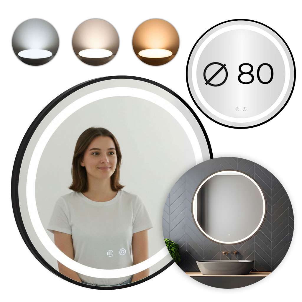Apvalus juodas LED vonios veidrodis 80 cm su 3 šviesos spalvomis ModernHome aprašymas - Prekės nuotrauka
