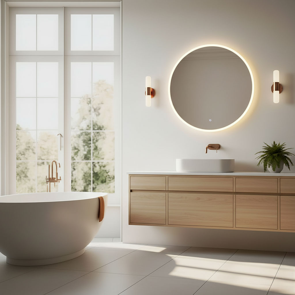 Apvalus LED vonios veidrodis 80 cm su 3 šviesos spalvomis ModernHome aprašymas - Prekės nuotrauka