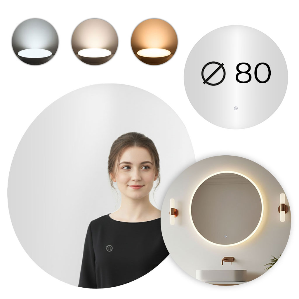 Apvalus LED vonios veidrodis 80 cm su 3 šviesos spalvomis ModernHome aprašymas - Prekės nuotrauka
