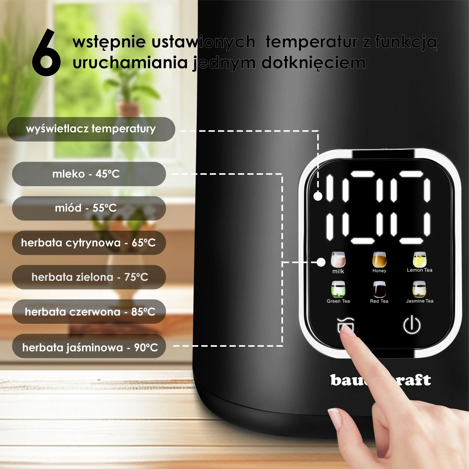 Bauerkraft Elektrinis juodas virdulys 1,7 l, su temperatūros reguliavimo funkcija aprašymas - Prekės nuotrauka