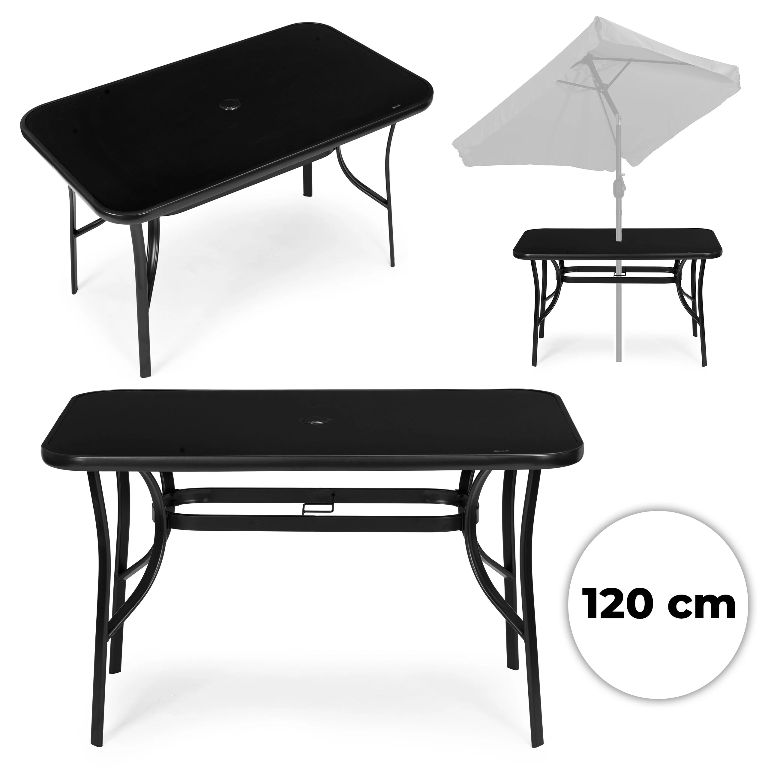 Juodas stalas 120 x 70 cm iš grūdinto stiklo su skėčio tvirtinimo anga aprašymas - Prekės nuotrauka