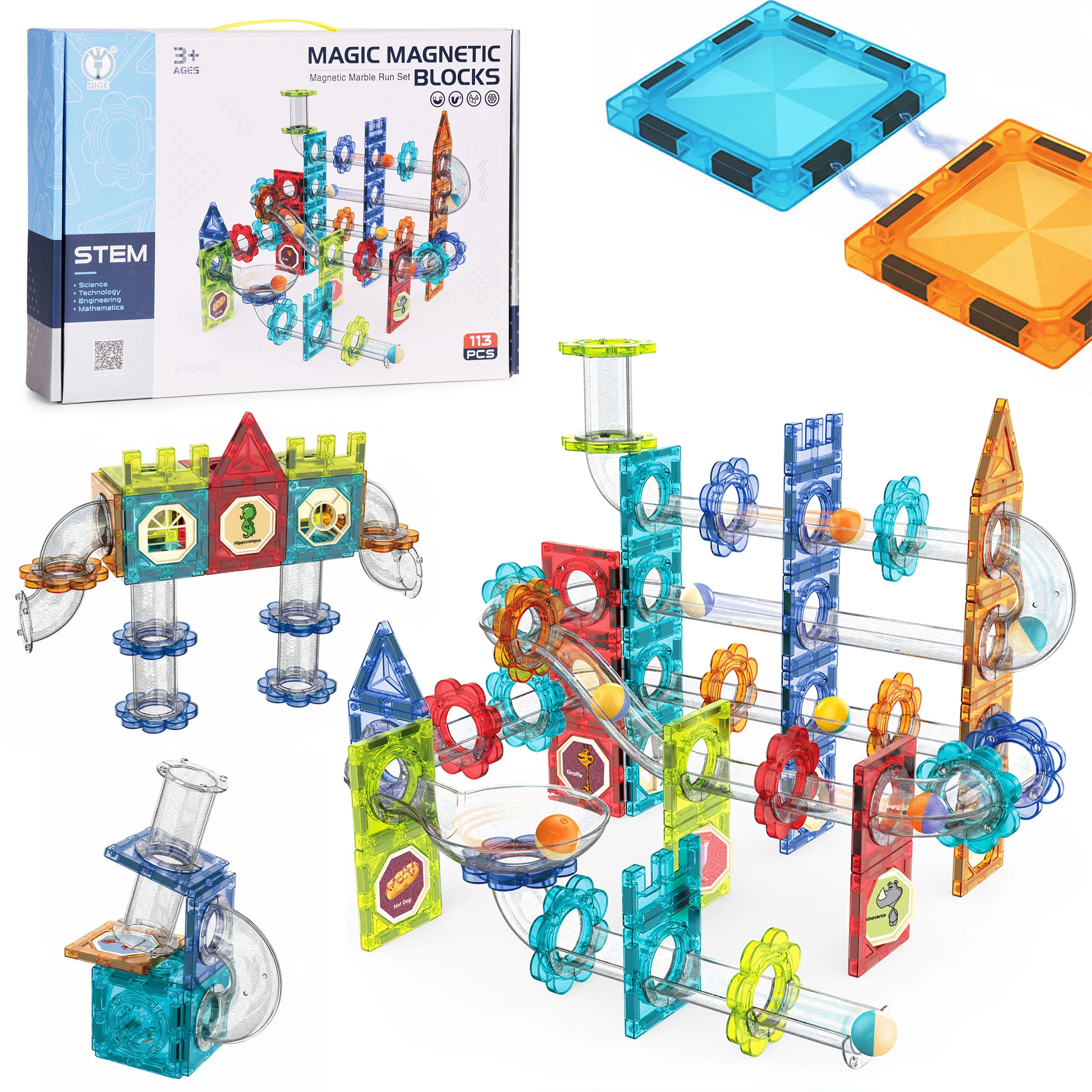 Magnetiniai 3D konstruktoriaus blokeliai „Marble Run“, 113 dalių aprašymas - Prekės nuotrauka
