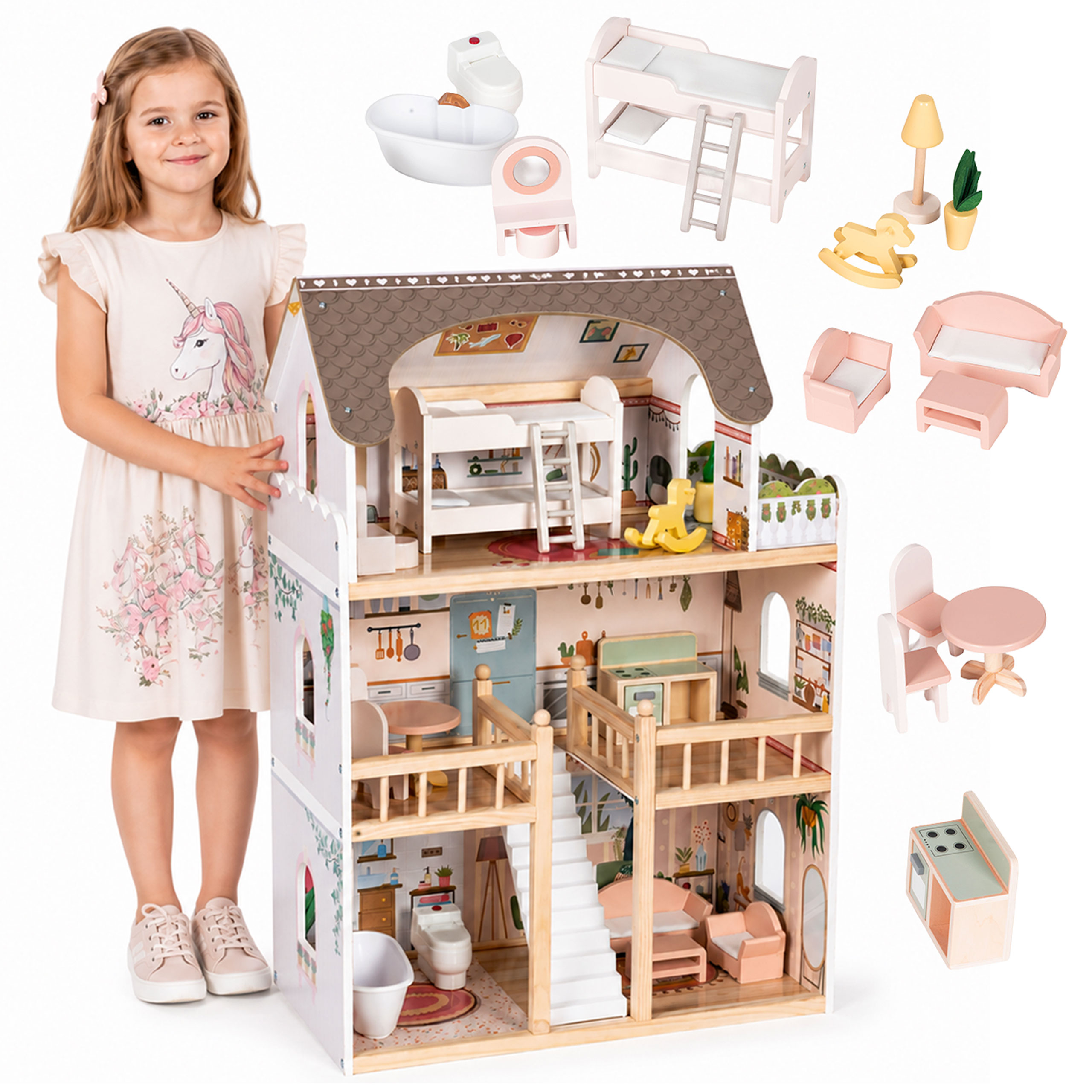 Medinis lėlių namelis 3 aukštų ECOTOYS aprašymas - Prekės nuotrauka