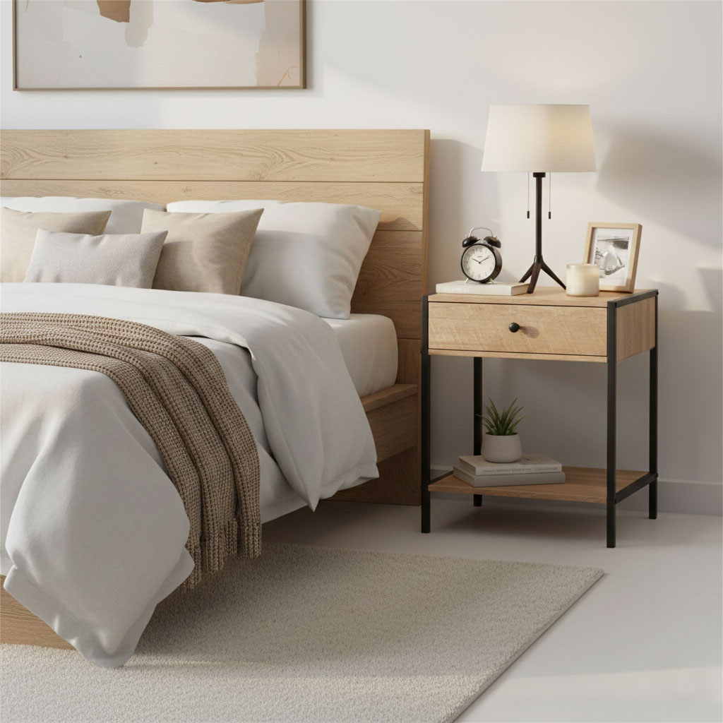 Naktinis staliukas su stalčiu ir lentyna Loft ModernHome aprašymas - Prekės nuotrauka