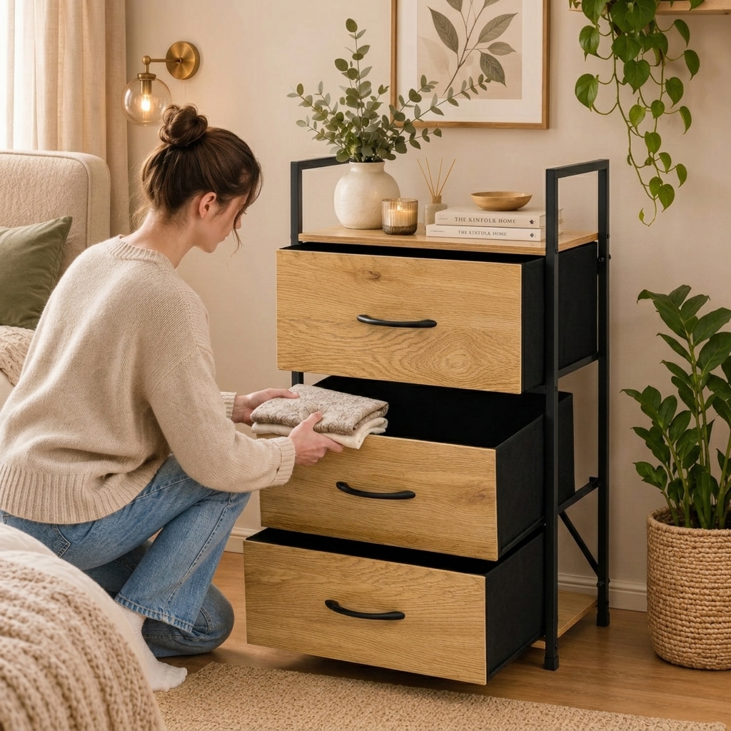 Spintelė su 3 audinio stalčiais ModernHome aprašymas - Prekės nuotrauka