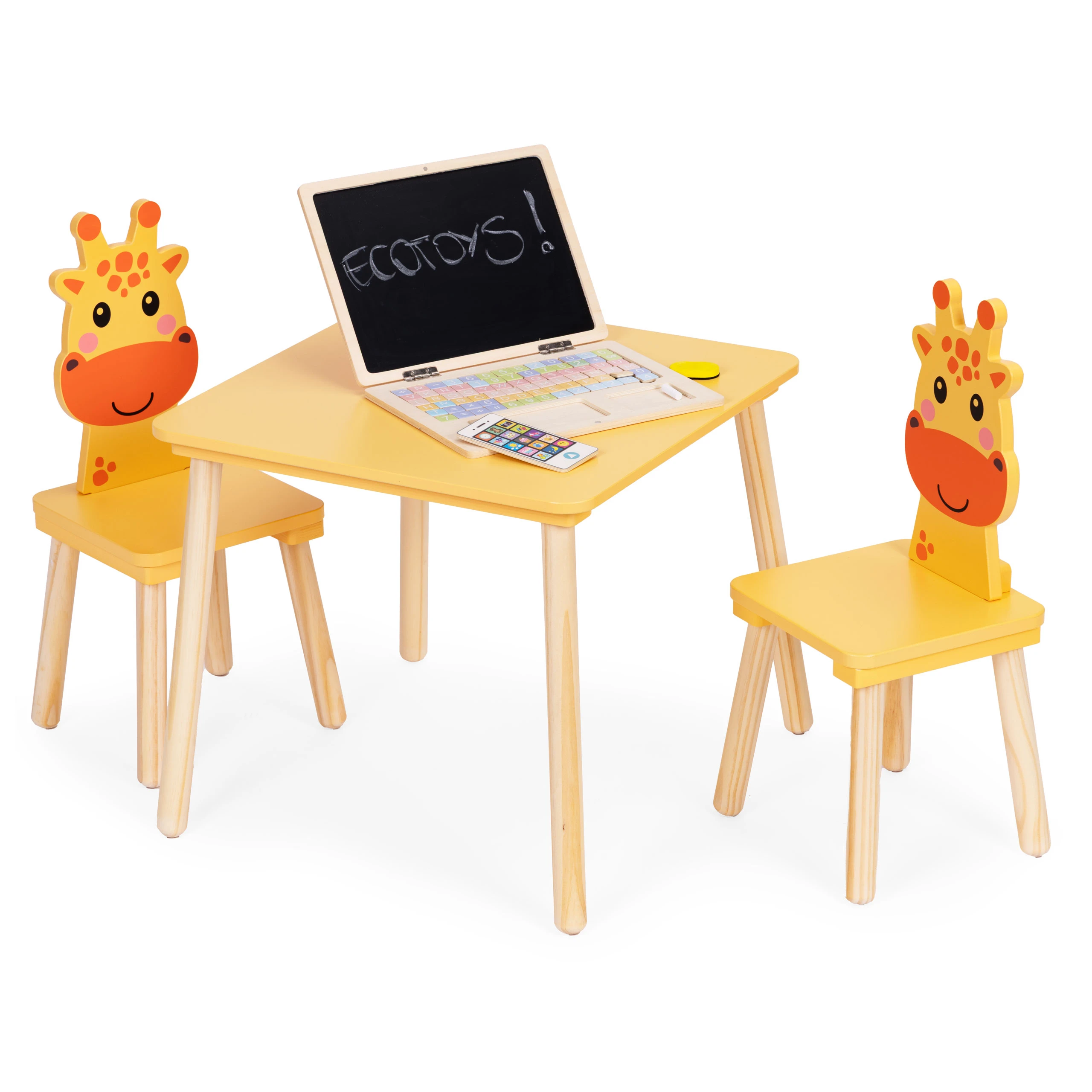 Ecotoys Vaikų baldų komplektas: stalas ir 2 kėdės su žirafos motyvu aprašymas - Prekės nuotrauka