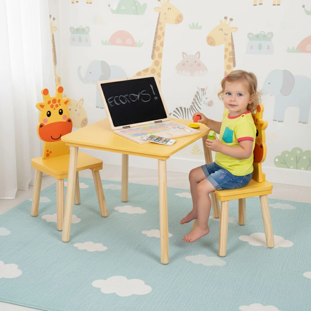 Ecotoys Vaikų baldų komplektas: stalas ir 2 kėdės su žirafos motyvu aprašymas - Prekės nuotrauka