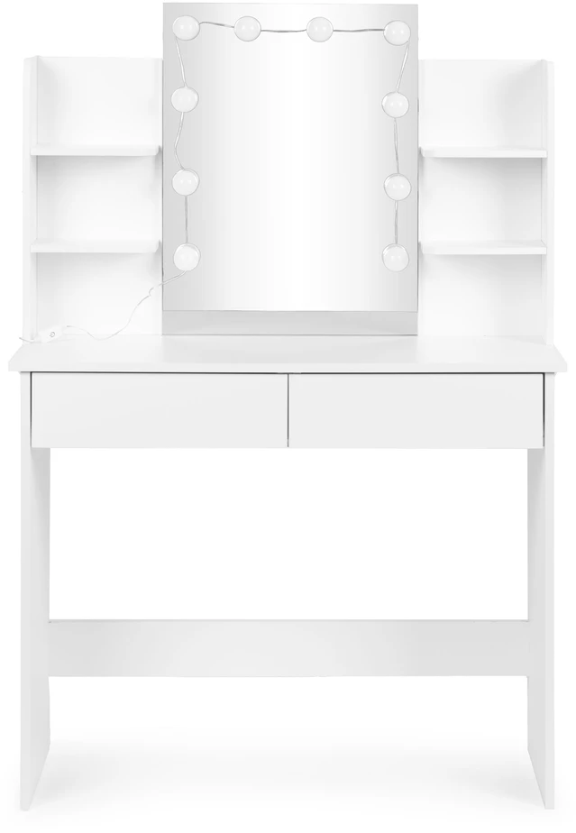 Didelis kosmetinis staliukas su veidrodžiu ir LED apšvietimu, 3 spalvų režimai, lentynos, stalčiai ModernHome