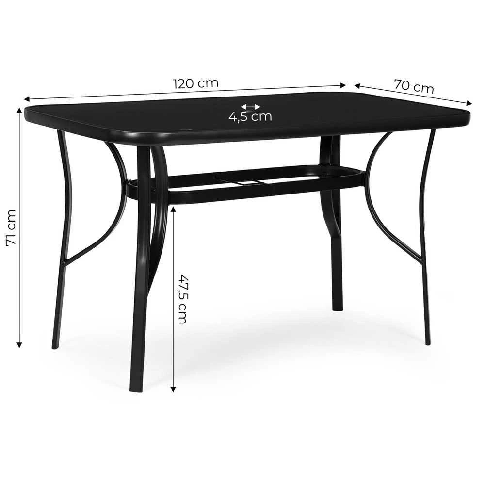 Juodas stalas 120 x 70 cm iš grūdinto stiklo su skėčio tvirtinimo anga