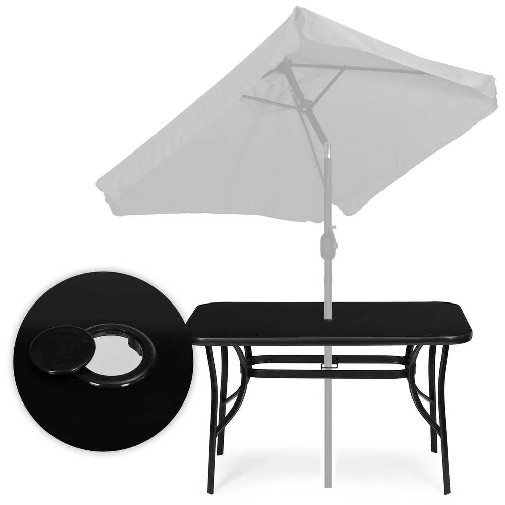 Juodas stalas 120 x 70 cm iš grūdinto stiklo su skėčio tvirtinimo anga