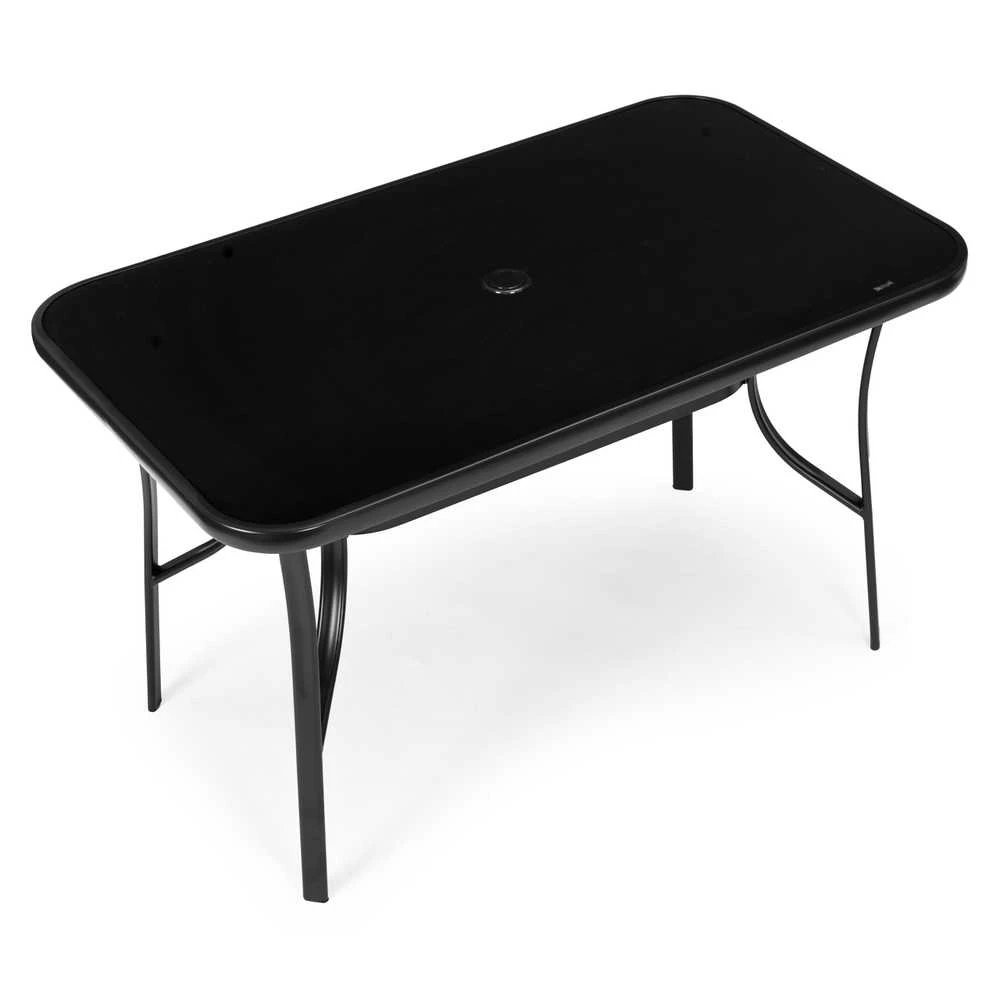 Juodas stalas 120 x 70 cm iš grūdinto stiklo su skėčio tvirtinimo anga