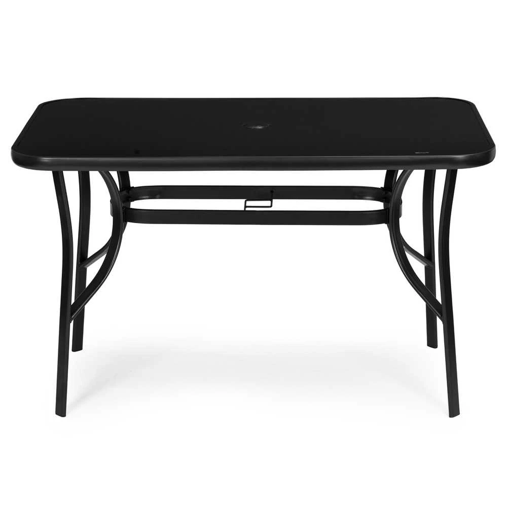 Juodas stalas 120 x 70 cm iš grūdinto stiklo su skėčio tvirtinimo anga