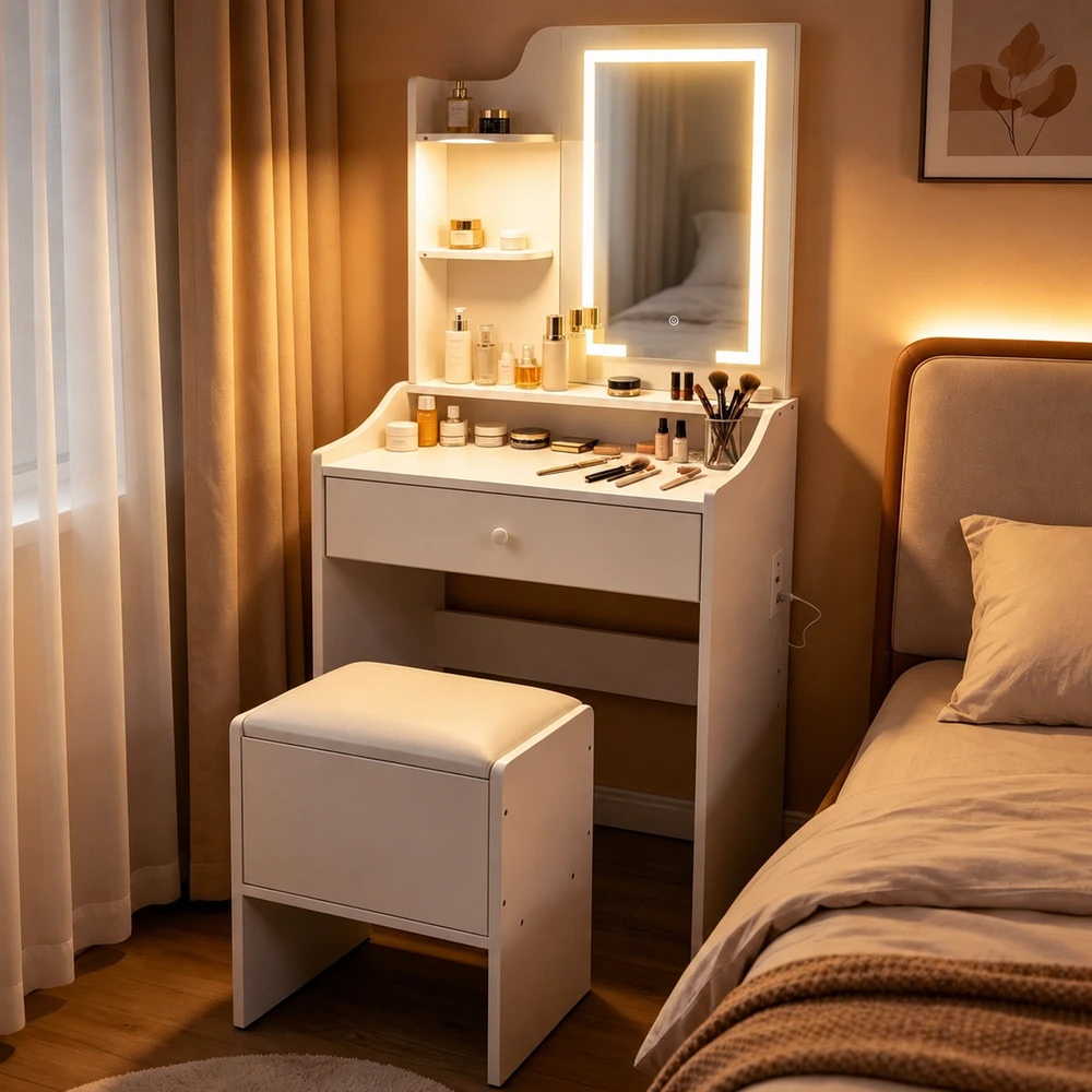 Kosmetikos staliukas su veidrodžiu ir 3 spalvų LED apšvietimu, lentynomis, stalčiu ir taburete „ModernHome“