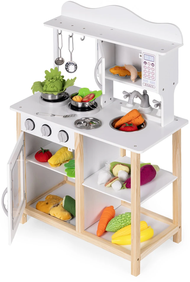 Medinė vaikiška virtuvėlė su orkaite ir maisto gaminimo priedais, balta, ECOTOYS