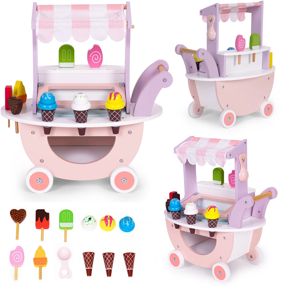 Ecotoys Medinis vežimėlis-ledų parduotuvė vaikams Eco Toys, 12 el