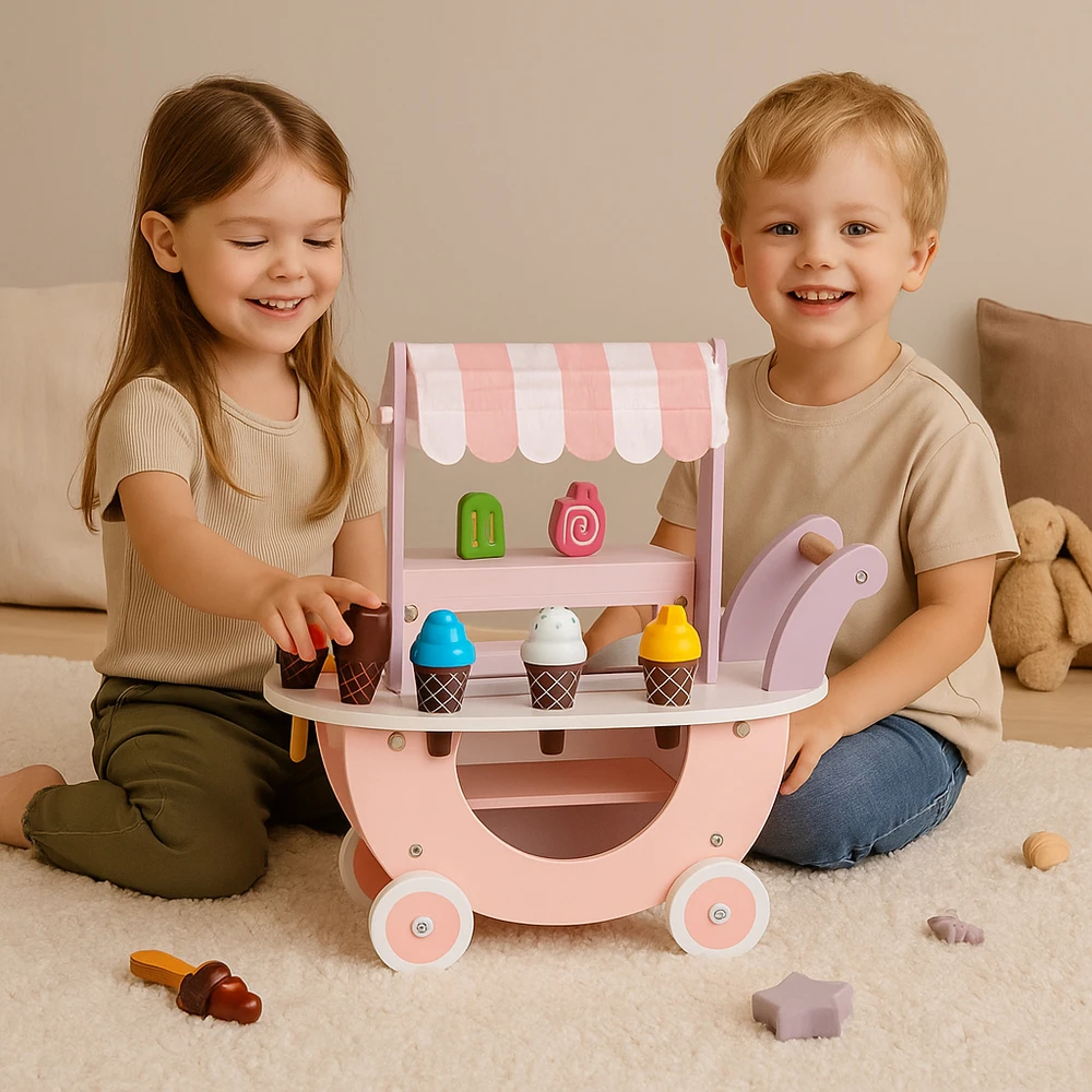 Ecotoys Medinis vežimėlis-ledų parduotuvė vaikams Eco Toys, 12 el