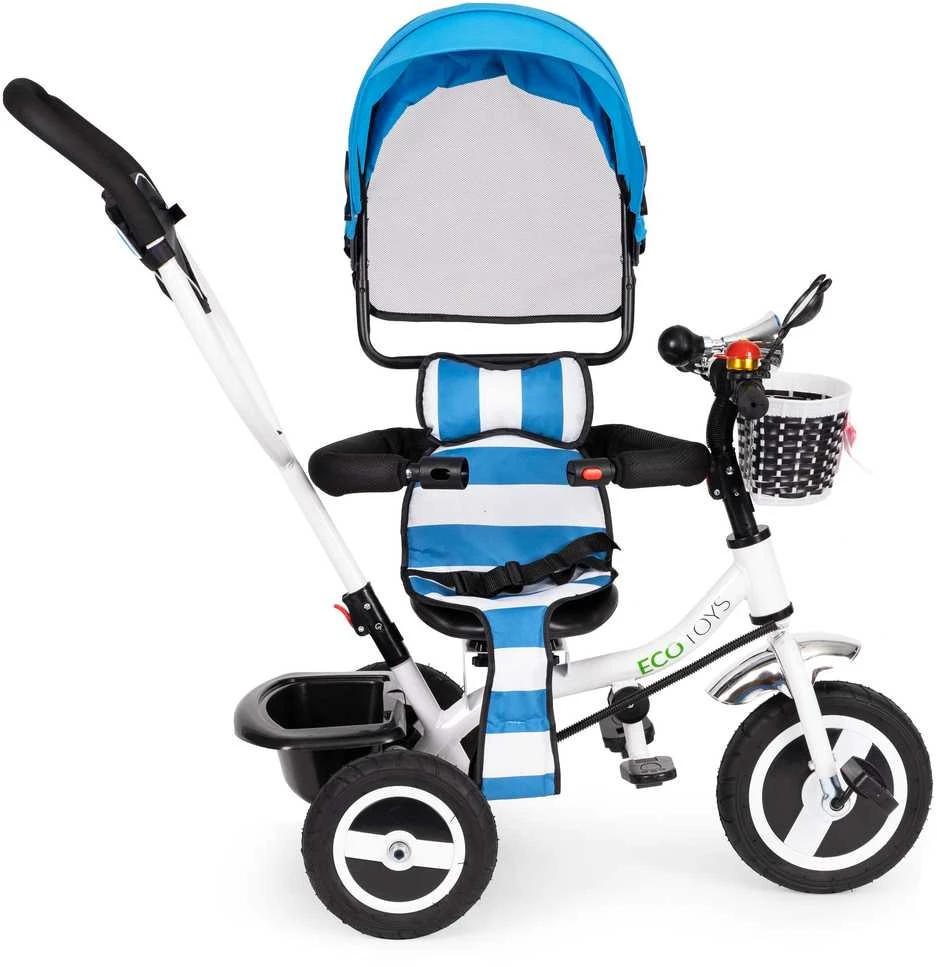 Ecotoys Mėlynas triratukas, ratinis vežimas, besisukantis mėlynas stogas