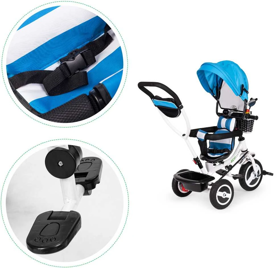 Ecotoys Mėlynas triratukas, ratinis vežimas, besisukantis mėlynas stogas