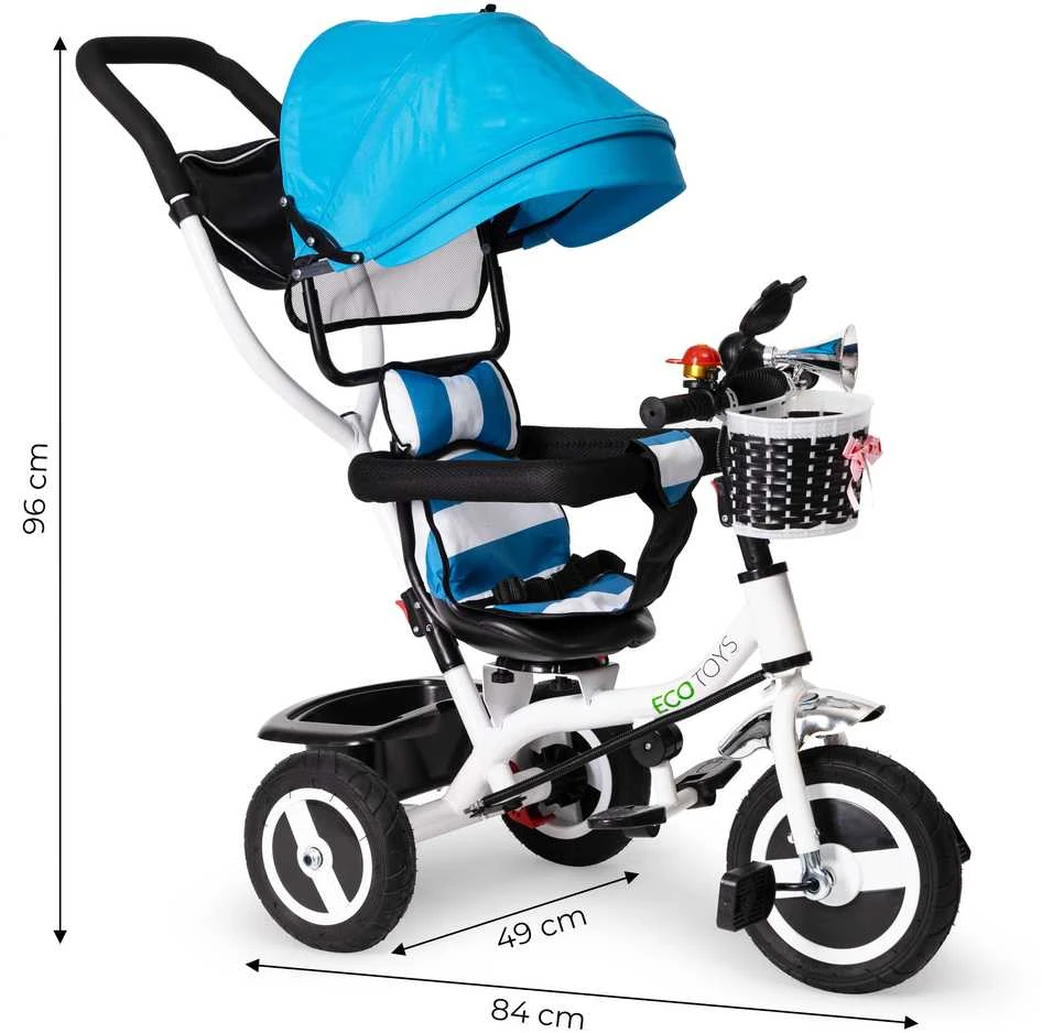 Ecotoys Mėlynas triratukas, ratinis vežimas, besisukantis mėlynas stogas