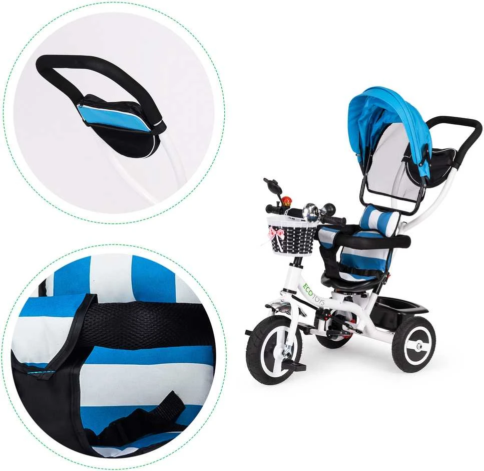 Ecotoys Mėlynas triratukas, ratinis vežimas, besisukantis mėlynas stogas
