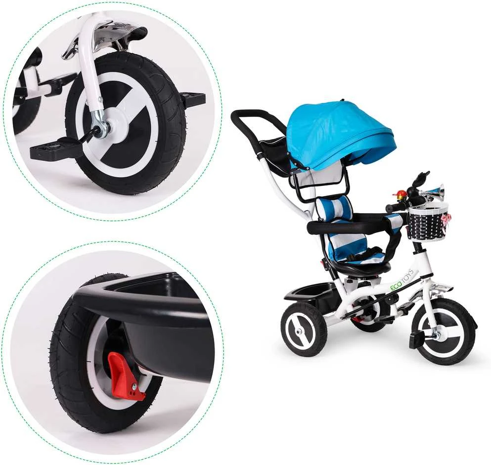 Ecotoys Mėlynas triratukas, ratinis vežimas, besisukantis mėlynas stogas